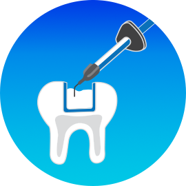 An illustration of flowable composite being extruded into a prepared tooth in a blue gradient circle