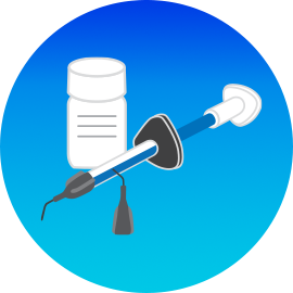 An illustration of a flowable syringe, syringe tip and capsule bottle in a blue gradient circle